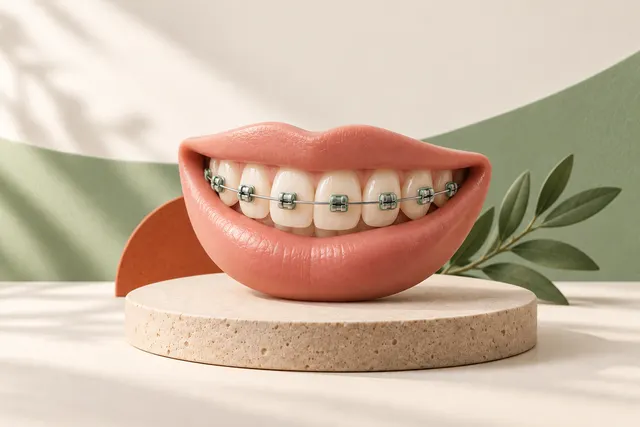 Soft 3D illustration of a smile model wearing orthodontic braces
