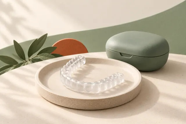 Soft 3D illustration of a clear dental aligner and storage case