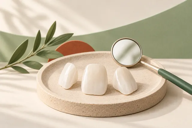 Soft 3D illustration of ceramic veneer shells and a dental mirror