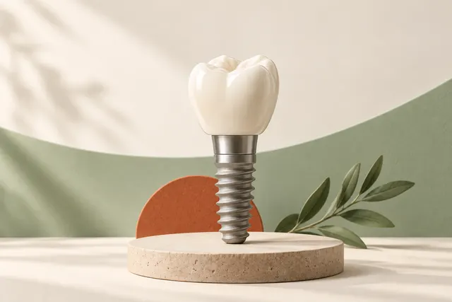 Soft 3D illustration of a molar crown on a titanium dental implant model