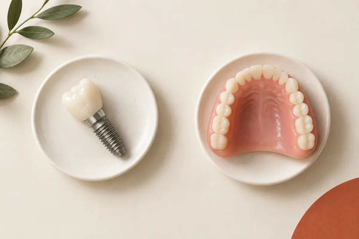 Overhead editorial illustration of a dental implant and upper denture model on separate ceramic dishes