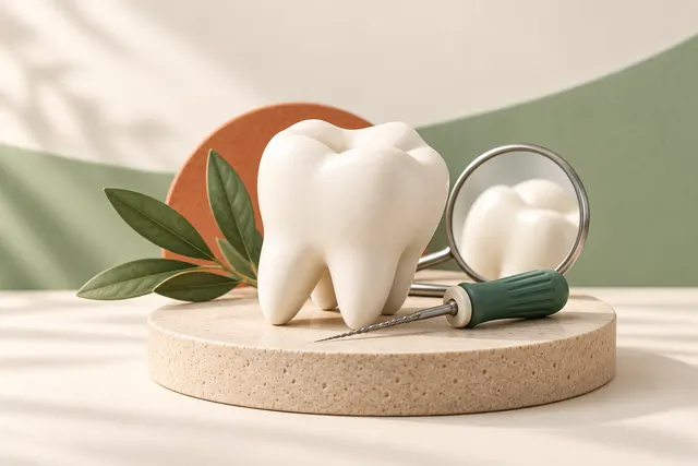 Soft 3D illustration of a rounded molar model, dental mirror and endodontic instrument