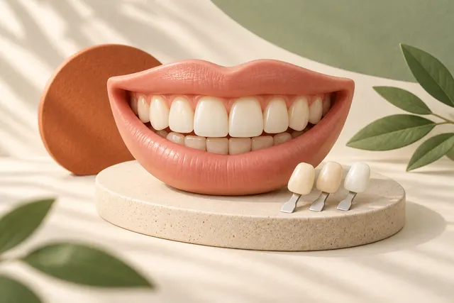 Soft 3D illustration of a smile model and tooth shade-selection tabs