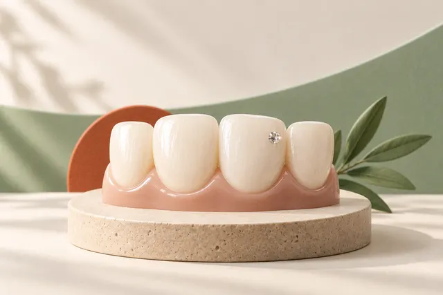 Soft 3D illustration of a front-teeth model with a small decorative tooth gem