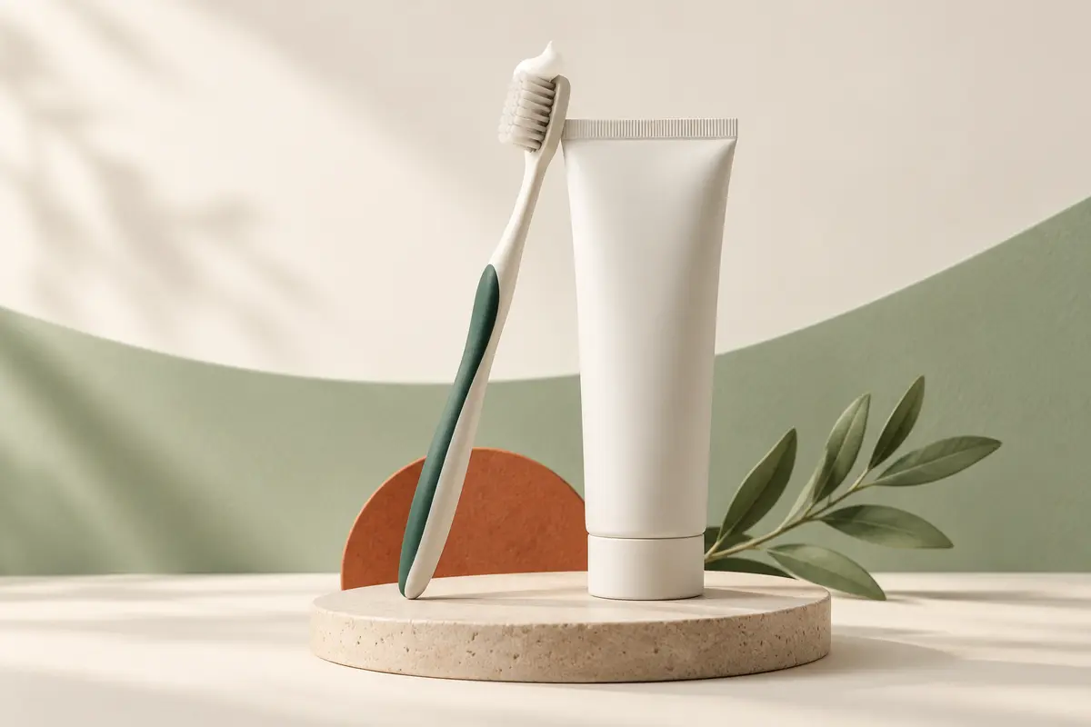 Editorial illustration of a toothbrush and toothpaste tube on a pale stone platform