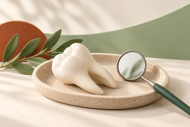 Soft 3D illustration of a molar model beside a dental inspection mirror