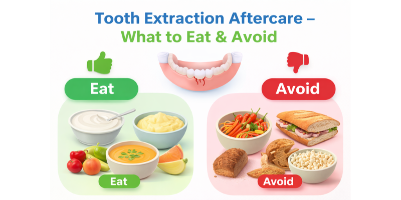 Tooth extraction aftercare showing soft foods and dental healing tips