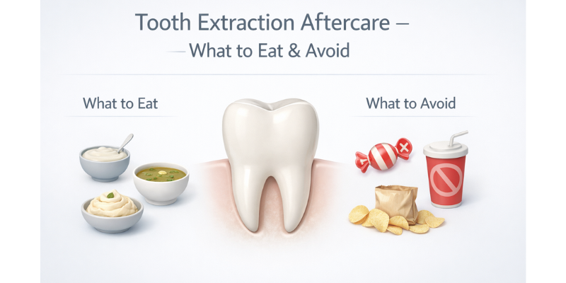 Tooth extraction aftercare showing soft foods to eat and foods to avoid for proper healing
