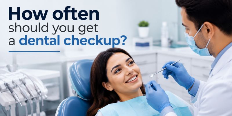Dentist performing a routine dental checkup on a smiling patient in a modern dental clinic.