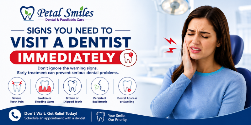 Woman experiencing severe tooth pain in a dental clinic with warning signs indicating the need for immediate dental care by Petal Smiles Dental & Paediatric Care.