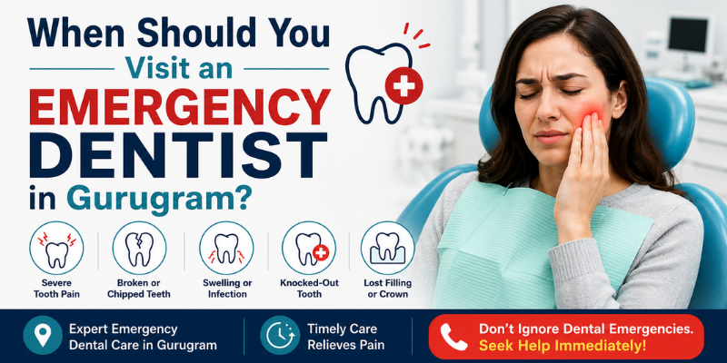 When Should You Visit an Emergency Dentist in Gurugram infographic showing common dental emergencies including tooth pain, broken teeth, swelling, and dental trauma.